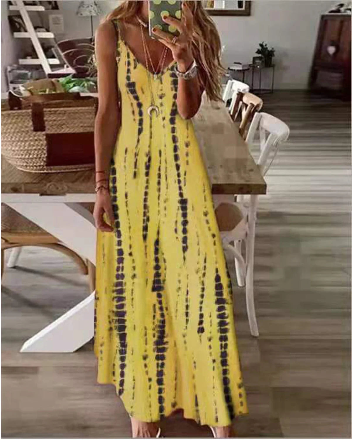 Sling Dress Tie Dye Print Flared Maxi Casual Dress