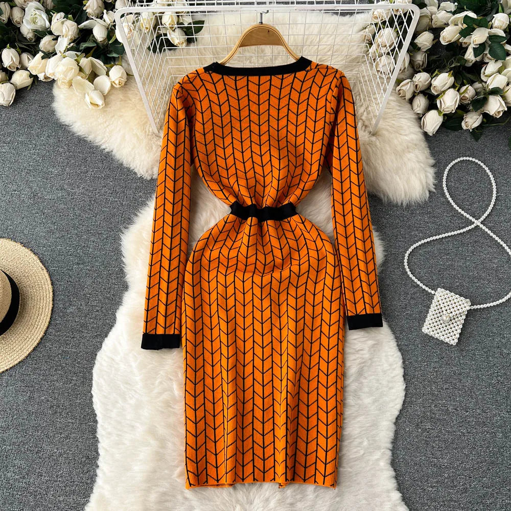 Autumn Plaid Knit Dress Women V Neck Elastic Waist Midi