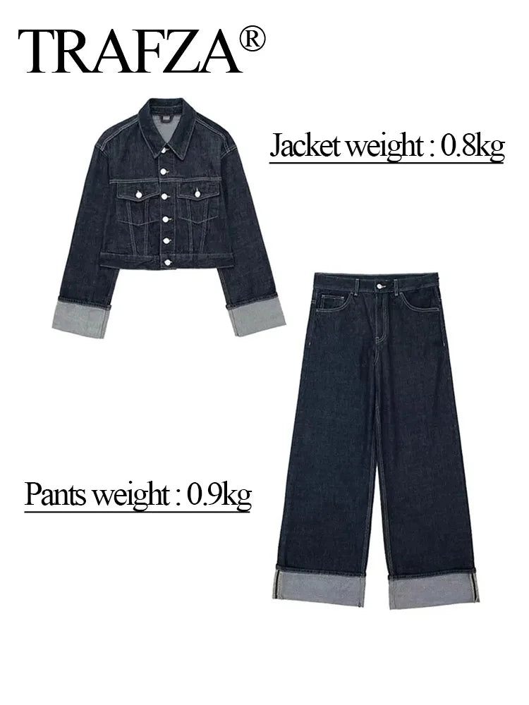 Women's Denim Jacket and Baggy Pants Set Casual Loose Streetwear Outfit