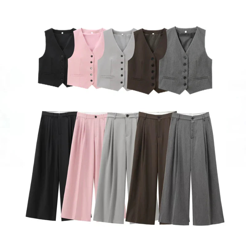 Women Slim-Fit Suit Vest and Trousers Set Vintage V-Neck Sleeveless Chic Summer Outfit