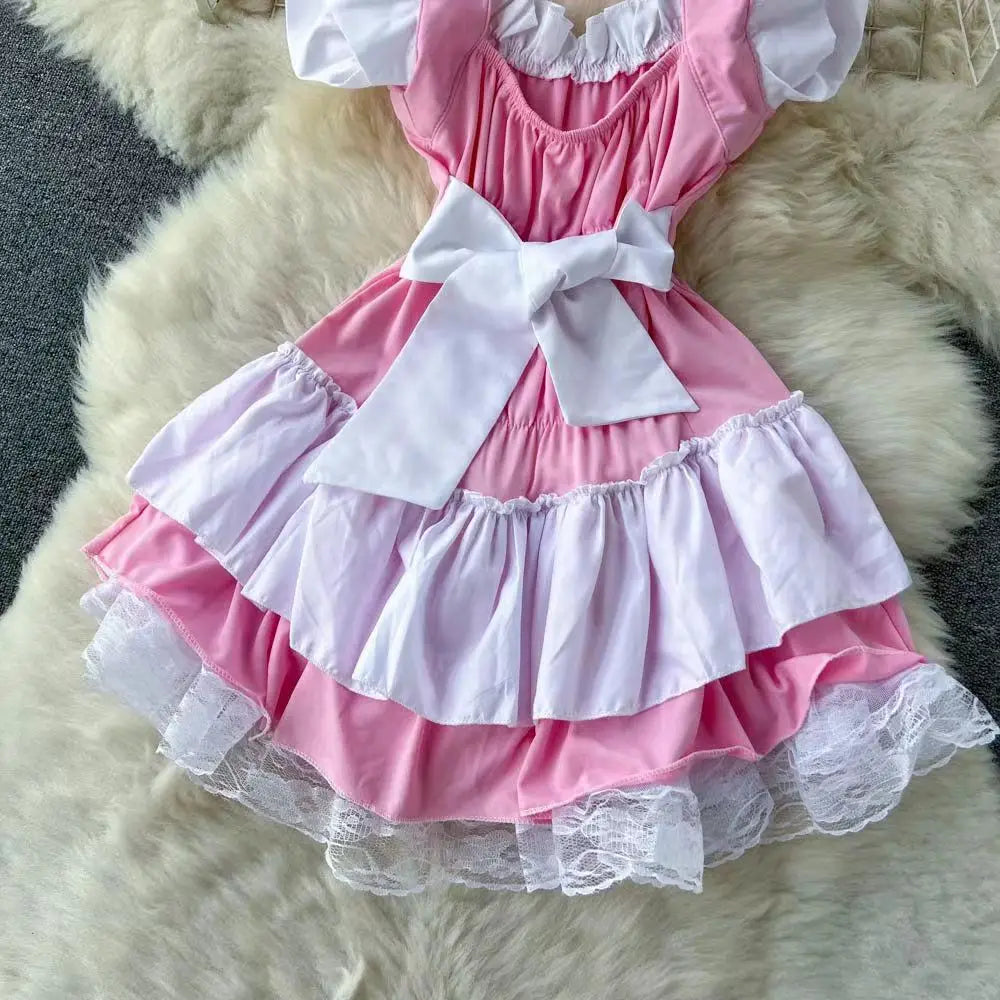 Pink Lolita Maid Dress Mini Short Patchwork Lace Details