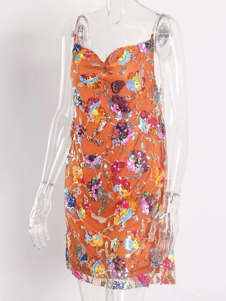Floral Sequined Backless Mini Dress For Night Out Clubbing