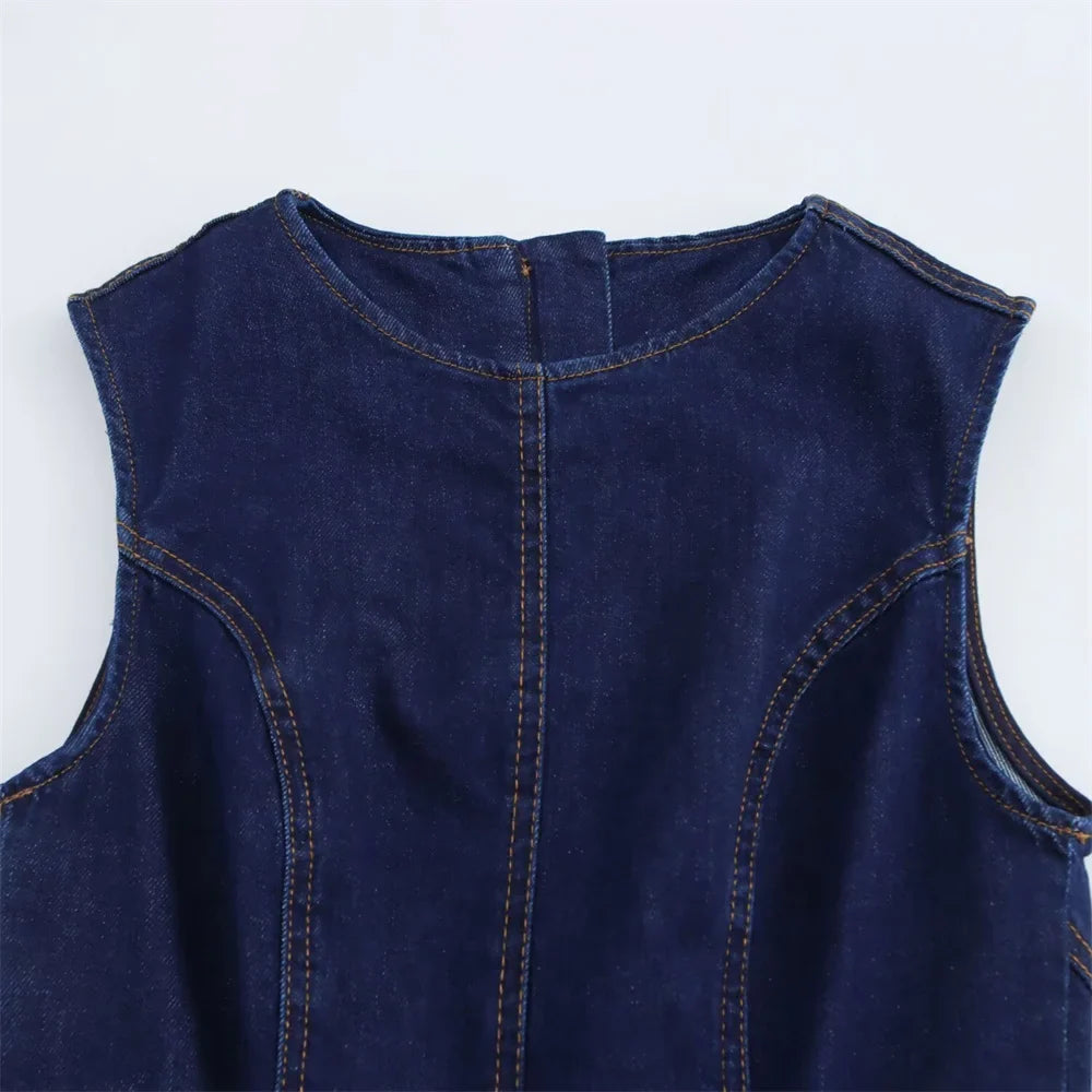 Cowboy Style Sleeveless Midi Dress With Zipper Decoration