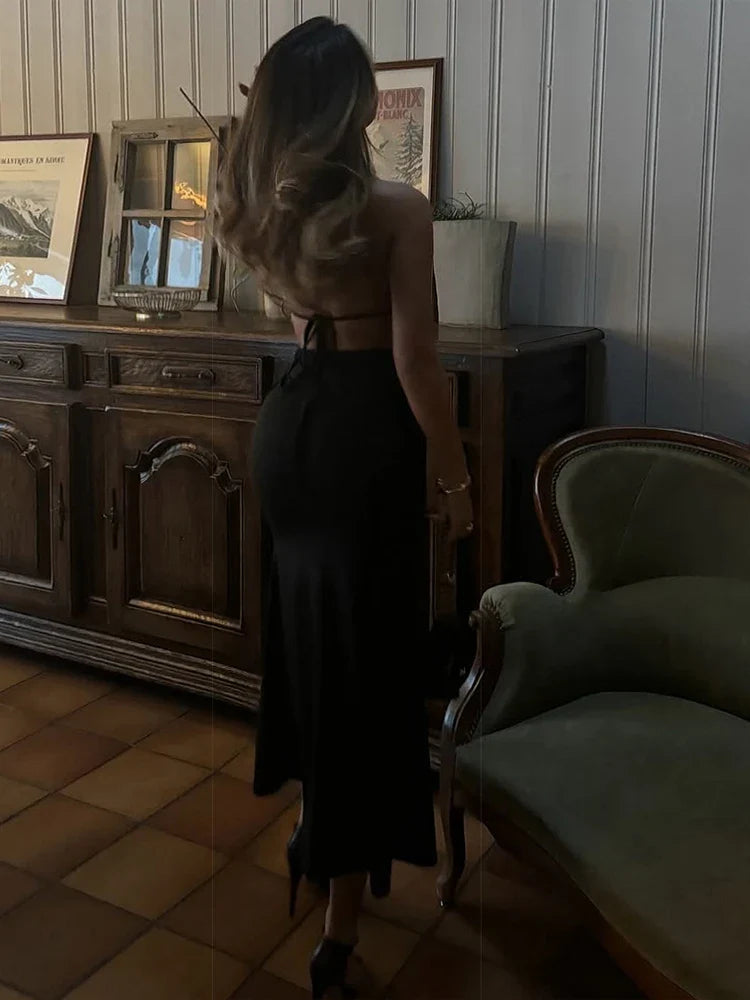 Backless Halter Patchwork Dress With Metal Rings For Women