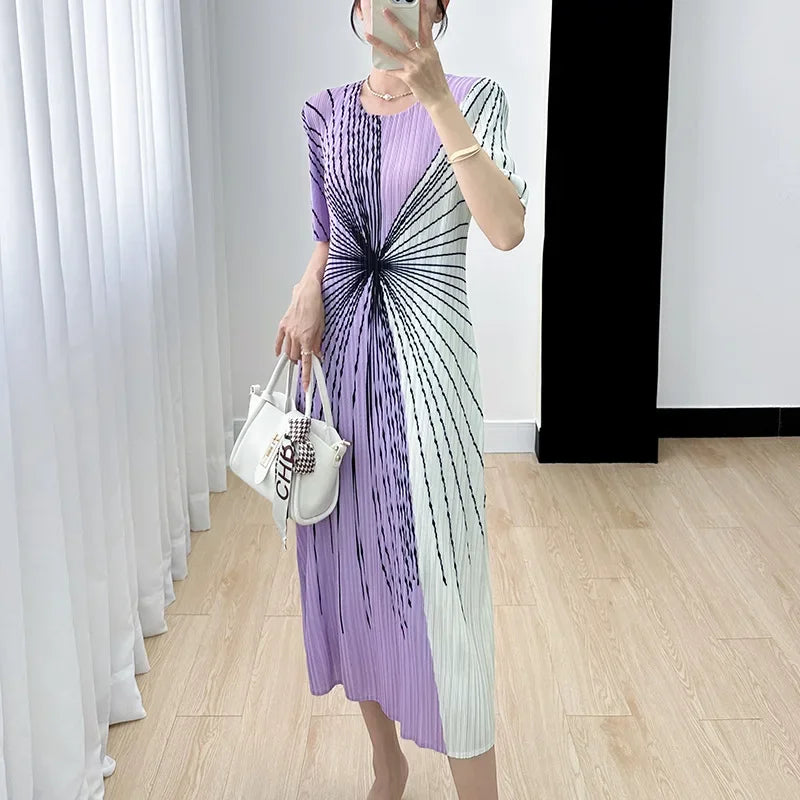 Women Pleated Dress Black White Print O Neck Short Sleeve