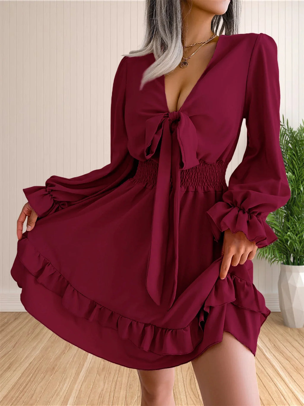 Womens V Neck Knot Front Smocked Waist Tiered Skater Dress