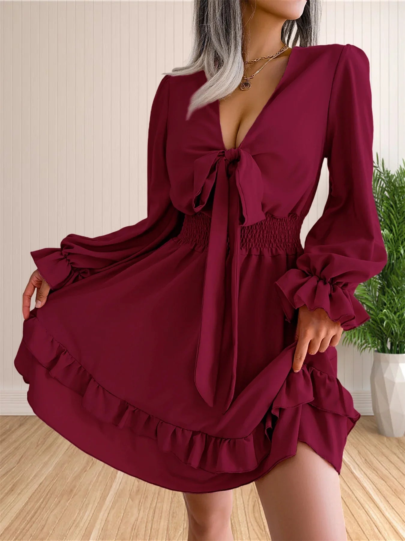 Womens V Neck Knot Front Smocked Waist Tiered Skater Dress