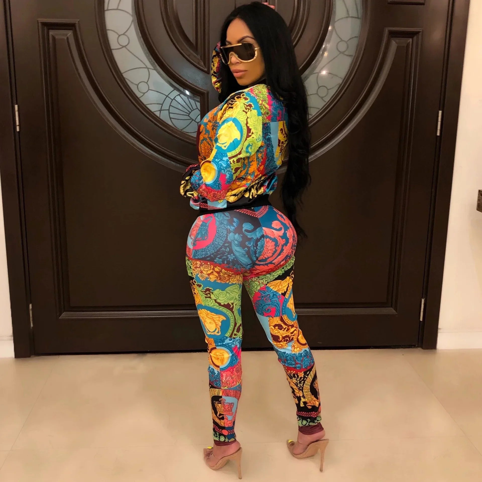 Two Piece Women's Sweat Suit with Full Sleeve Zipper Top and Sporting Pants