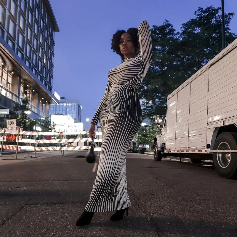 Autumn O Collar Long Sleeve Striped Evening Party Dress