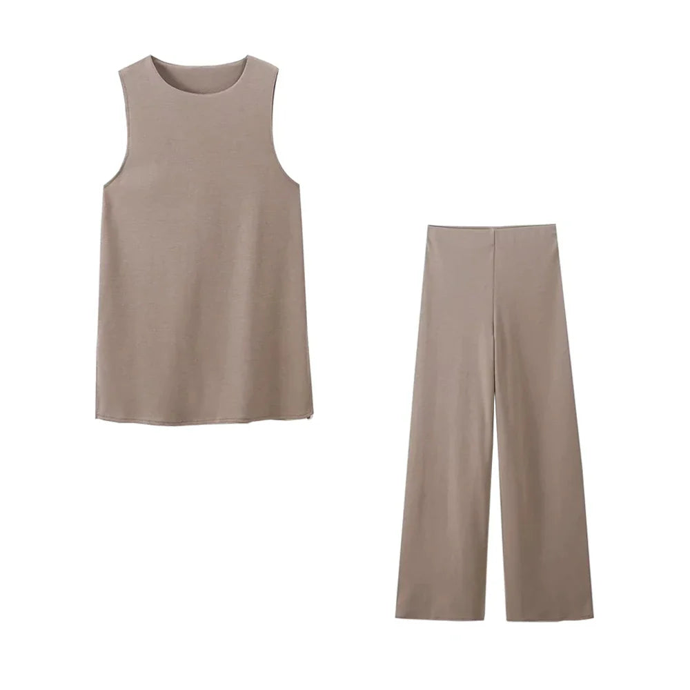 Women Casual Two Piece Set with Sleeveless Tank Top and Wide Leg Pants