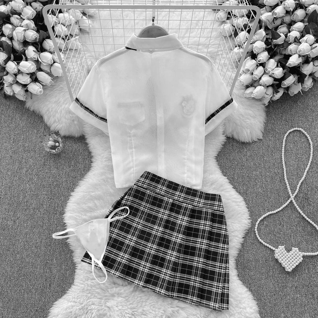 Sexy Preppy Style JK Set for Women Polo Neck See-Through Crop Top Plaid Pleated Short Skirt Student Cosplay Outfit