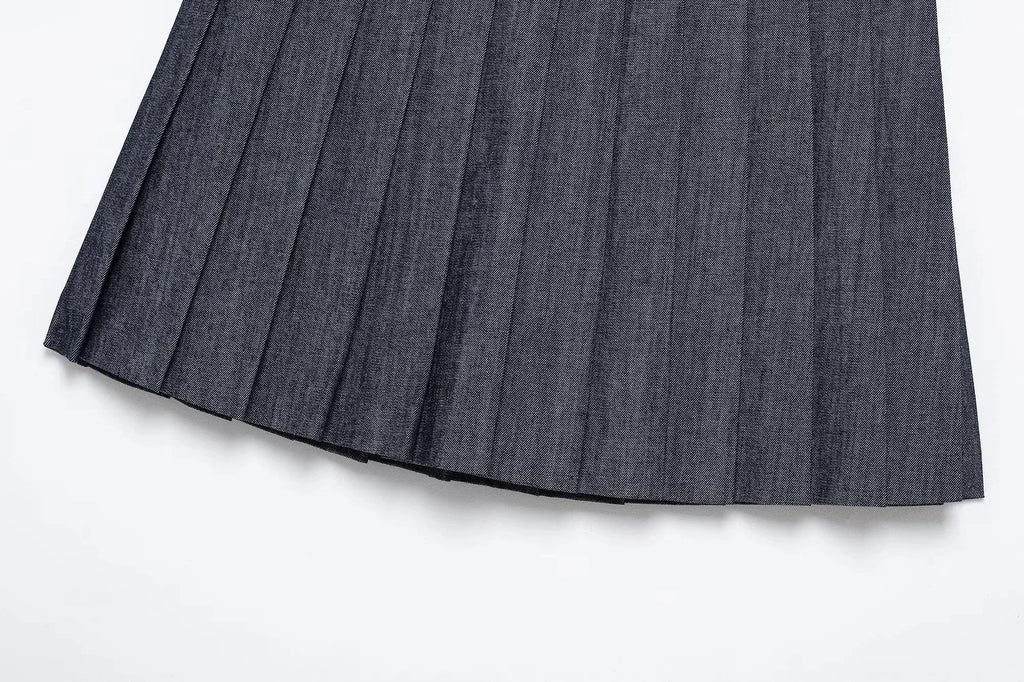 Casual Denim Loose Fit Women Suit Set with O Neck Zipper Bomber Jacket and Pleated Mini Skirt Vintage Inspired Spring Summer Fashion Ensemble