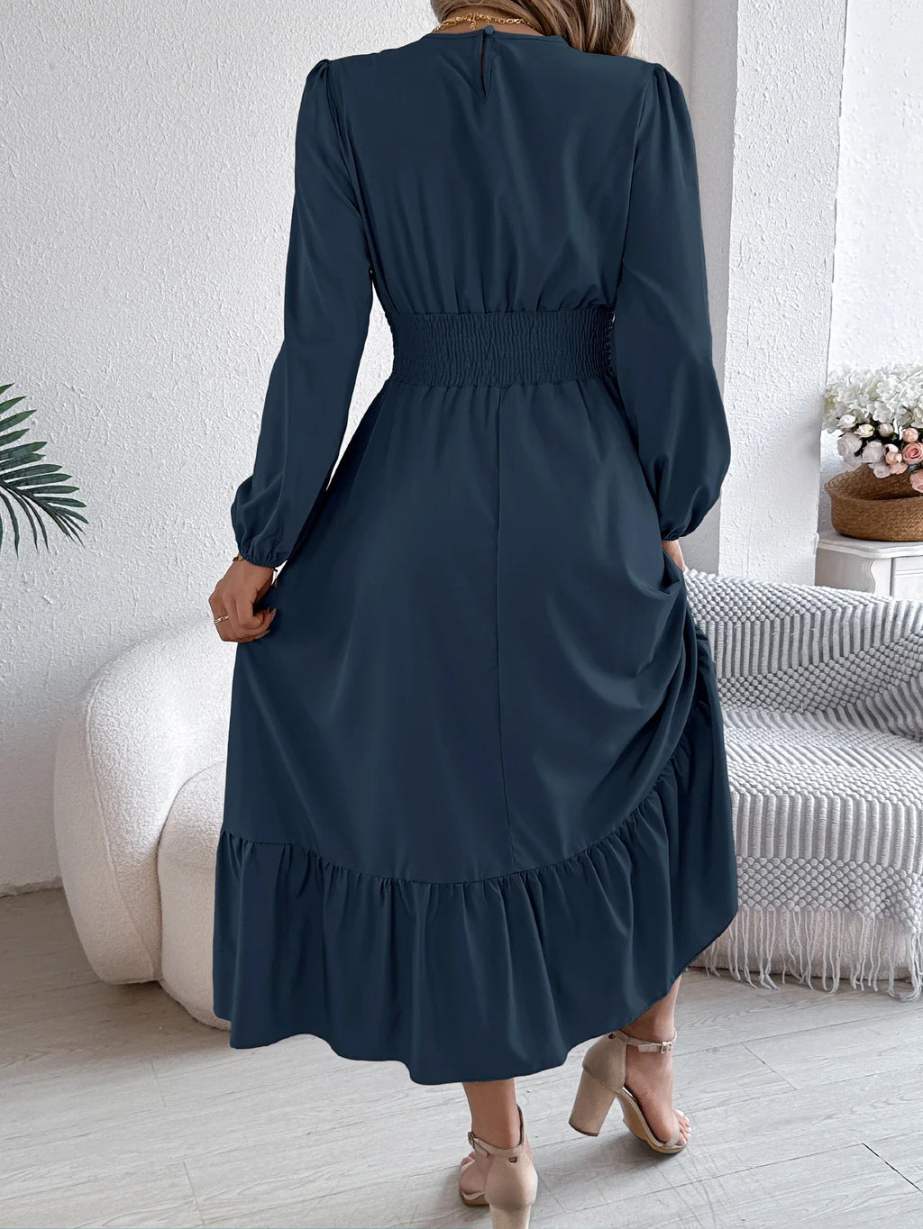 Elegant Long Sleeve Dress With Cinched Waist Solid Color