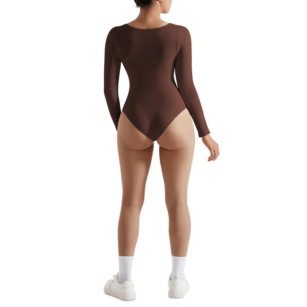 Sexy Long Sleeve Bodysuit for Women Skinny Bodycon V-Neck Push Up Romper Streetwear Jumpsuit
