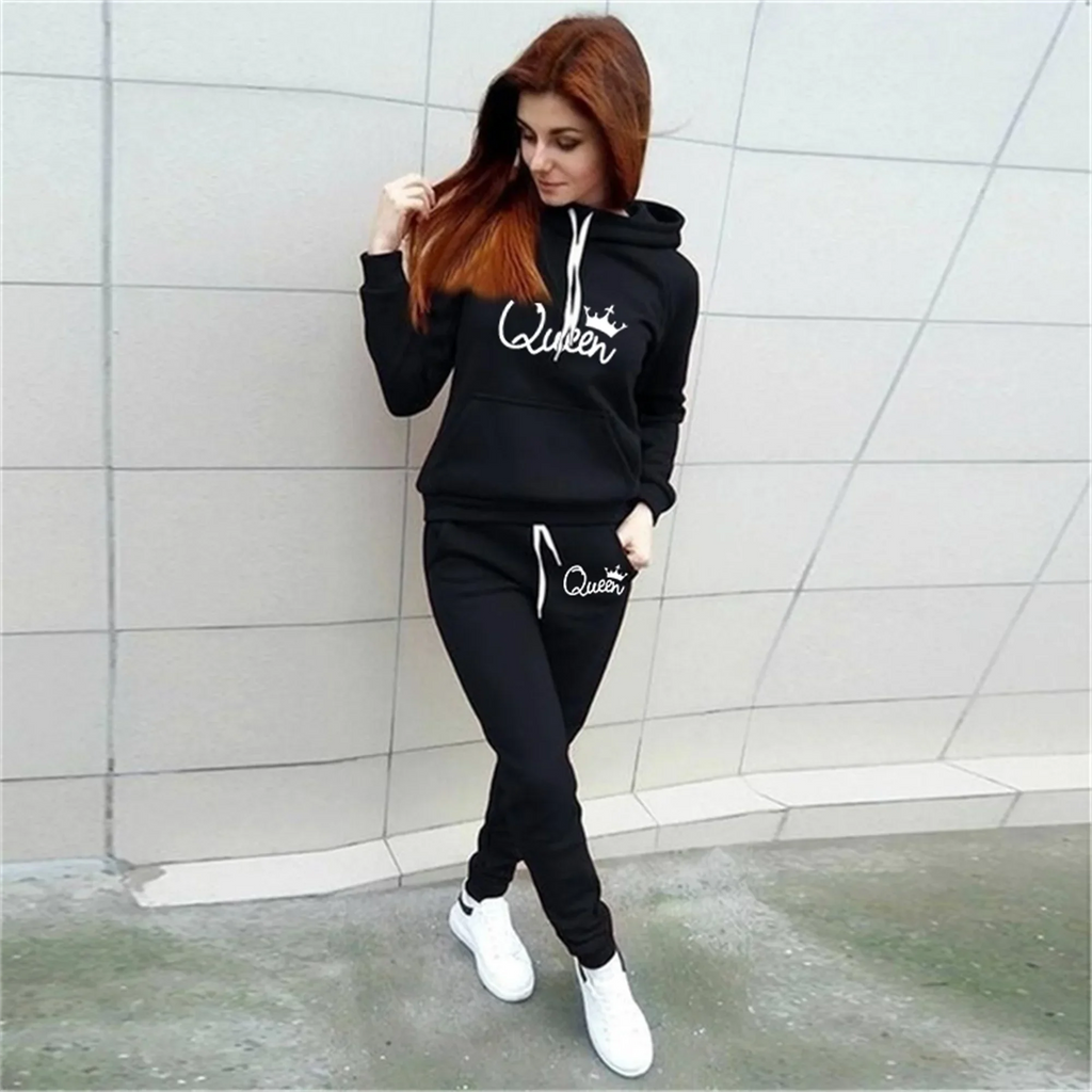 Queen Printed Hoodie and Jogging Pants Set for Women Stylish Pullover and Bottoms 2 Piece Outfit