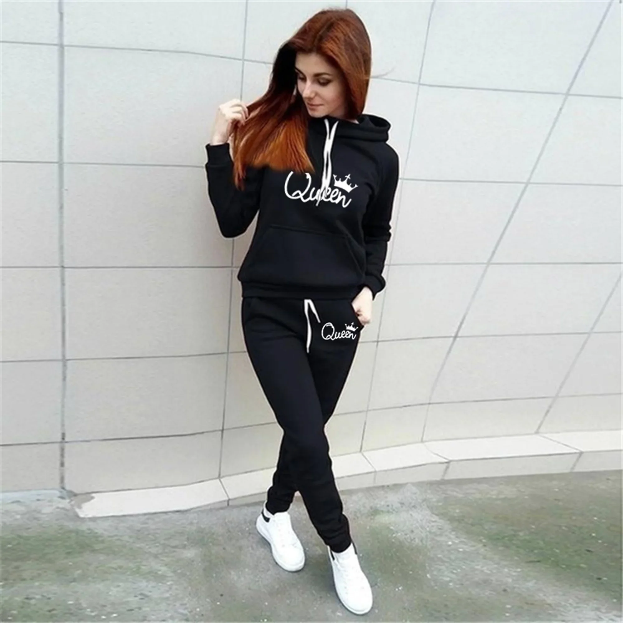 Queen Printed Hoodie and Jogging Pants Set for Women Stylish Pullover and Bottoms 2 Piece Outfit