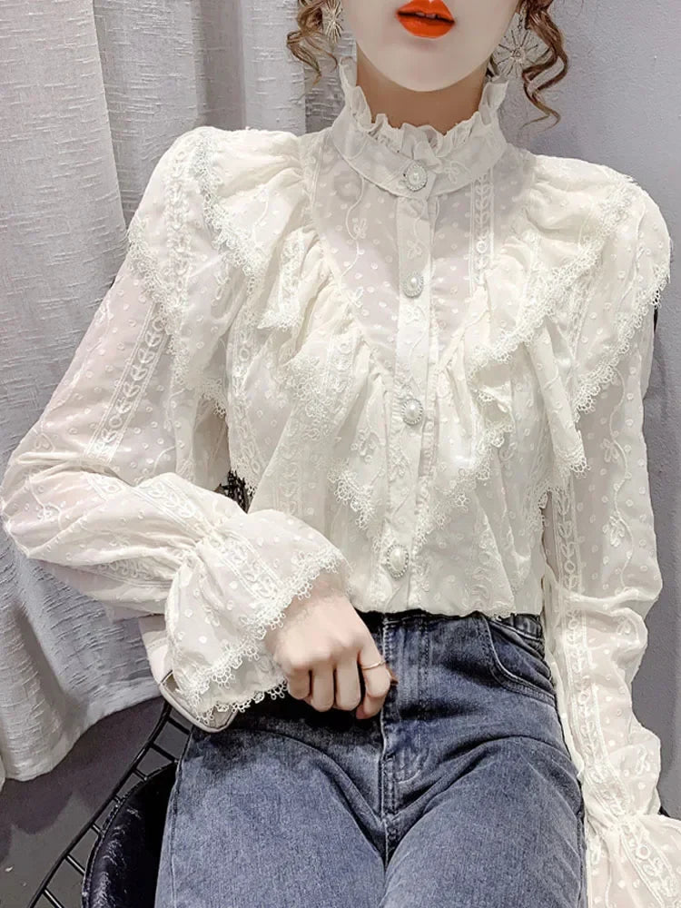Elegant Women Long Sleeve Loose Button Shirt with Stand Collar Pleated Design Ruffle Lace Blouse Casual Spring Fashion Top