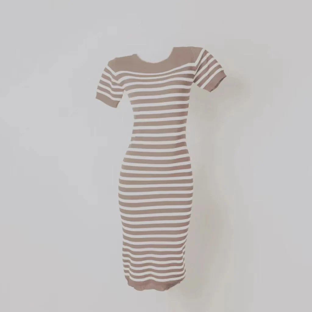 Summer Knit Bodycon Dress O Neck Short Sleeve Stripe Print