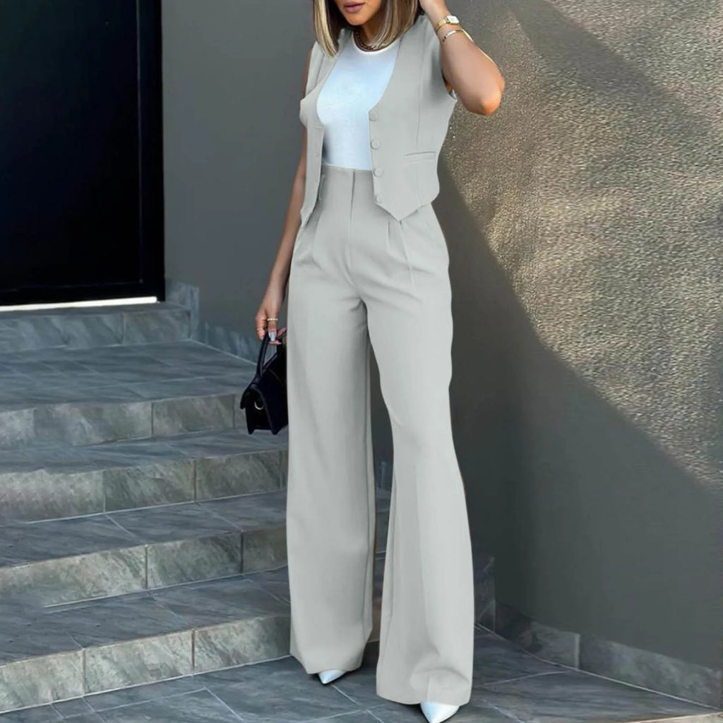 Sleeveless V-Neck Vest and Wide Leg Pants Suit for Women
