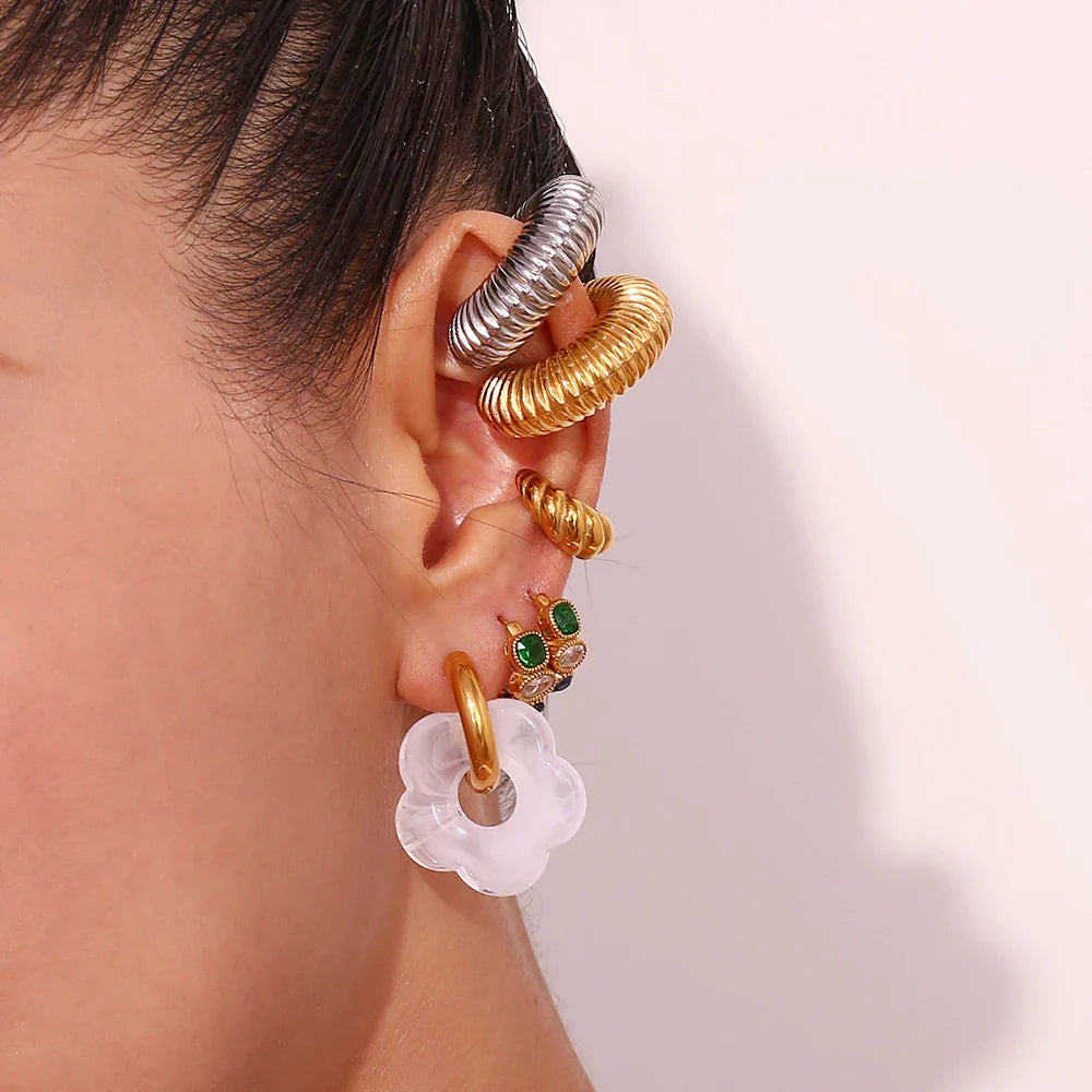 Colorful Resin Flower Drop Earrings for Women in Waterproof Stainless Steel Hoops