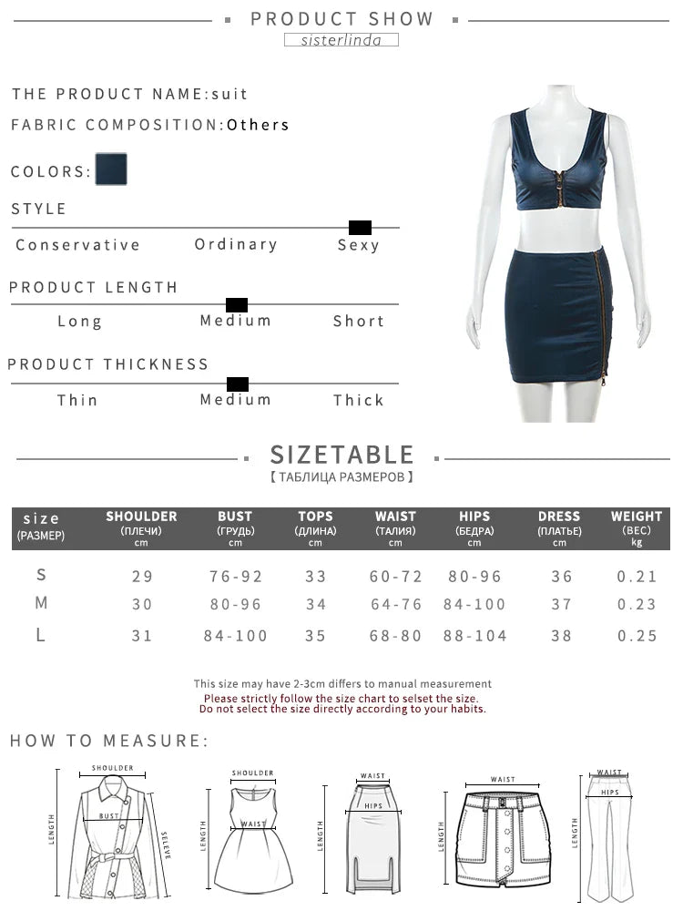 Casual Two Piece Set for Women Sleeveless Zipper Low Neck Tank Top with High Waist Hip Skirt Party Clubwear Ensemble