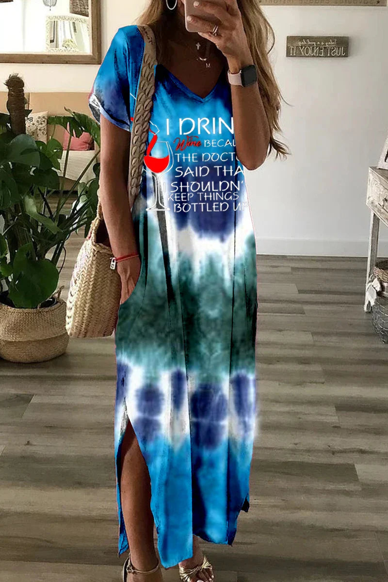 Cat Print Short Sleeve V Neck Swing Dress With Pockets