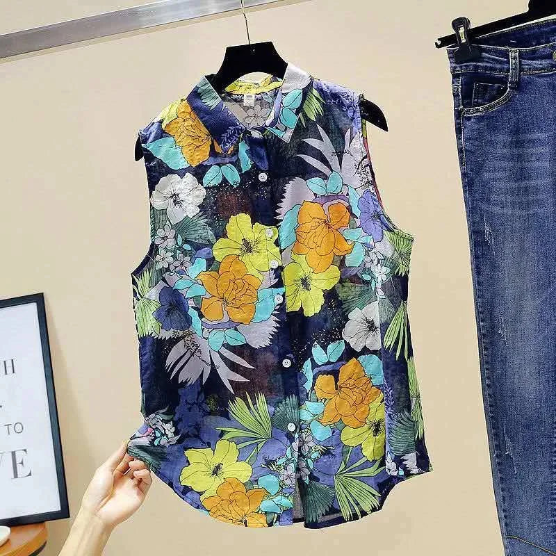 Women Sleeveless Summer Blouse Shirt Casual Turn-Down Collar Printed Lightweight Top