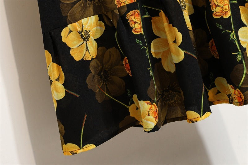 Bohemian Floral Maxi Dress High Waist Chiffon Long Sleeves