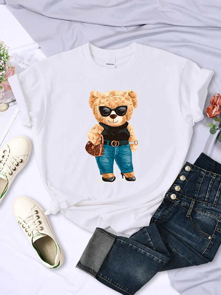 Fashion Teddy Bear Graphic T-Shirt for Women Casual Hip Hop Short Sleeves O-Neck Breathable Summer Tee