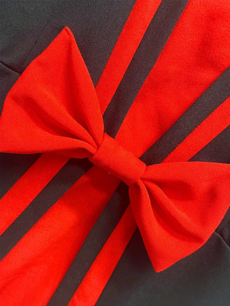 Elegant Square Neck Dress With Patchwork And Bow Details