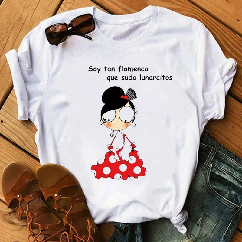 Women Cartoon Flamingo Dance Printed O-Neck T-Shirt Cute Casual Top for Daily Wear
