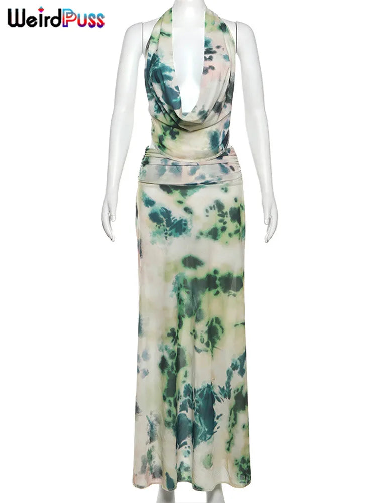 Backless Halter Bandage Tank Top and Mesh Ruffles Tie-Dye Skirt Two-Piece Summer Set for Women