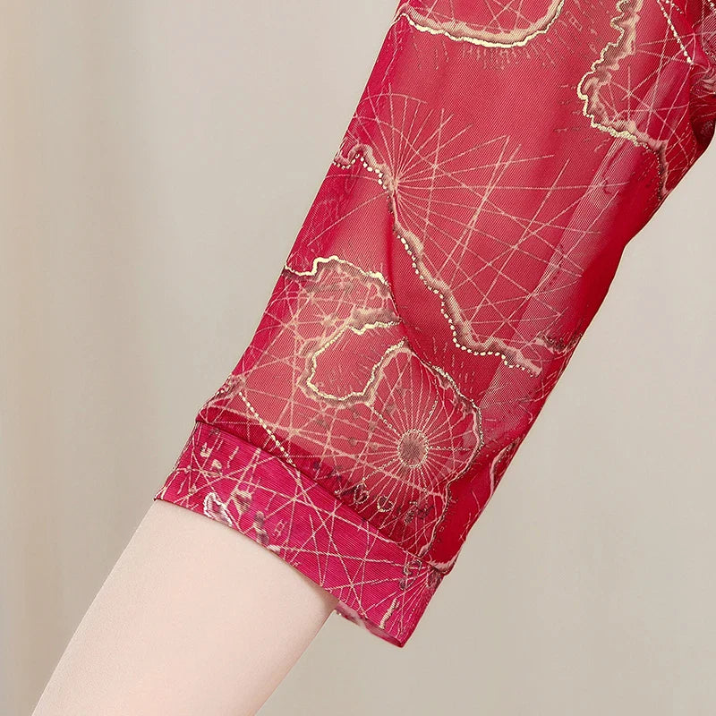 Women's Summer Shirt Casual Loose Fit Fake Two-Piece Printed Top for Middle-Aged and Elderly