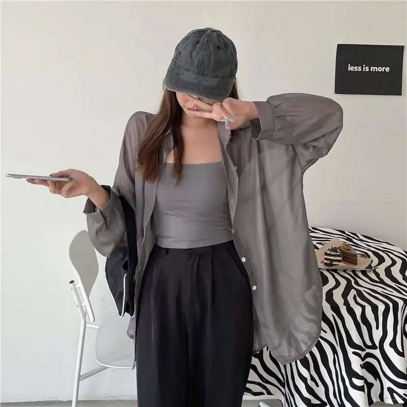 Women's Chiffon Long Sleeve Blouse Loose Fit Thin Cardigan Casual Solid Color Top
