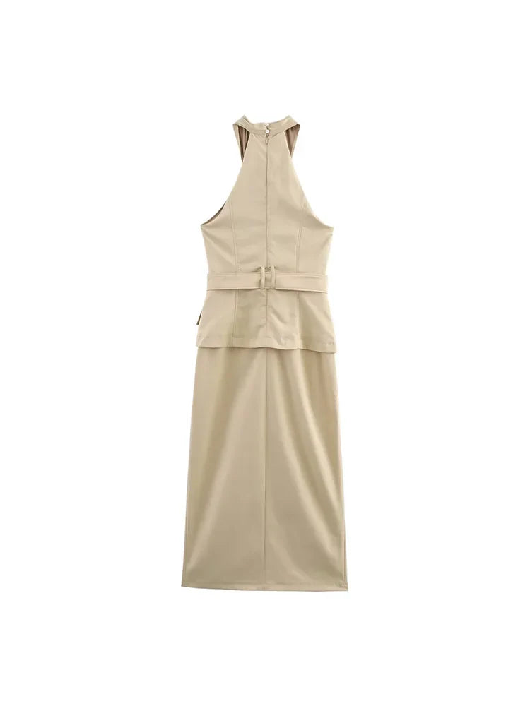 Women Summer Midi Tank Dress Belted V Neck Sleeveless
