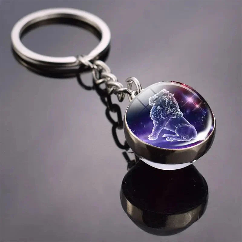 Luminous Zodiac Key Chain Double Sided Glass Ball Pendant for Men and Women Birthday Gift