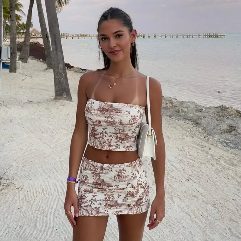 Women's Summer Two-Piece Set Sleeveless Strapless Retro Print Top and High Waist Slim Mini Skirt Streetwear Outfit