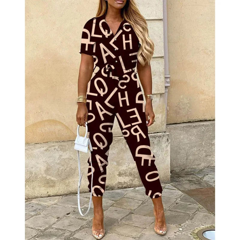 Summer Casual Women's Jumpsuit with Lapel Collar Printed Waistband and Stylish Buckle Detail
