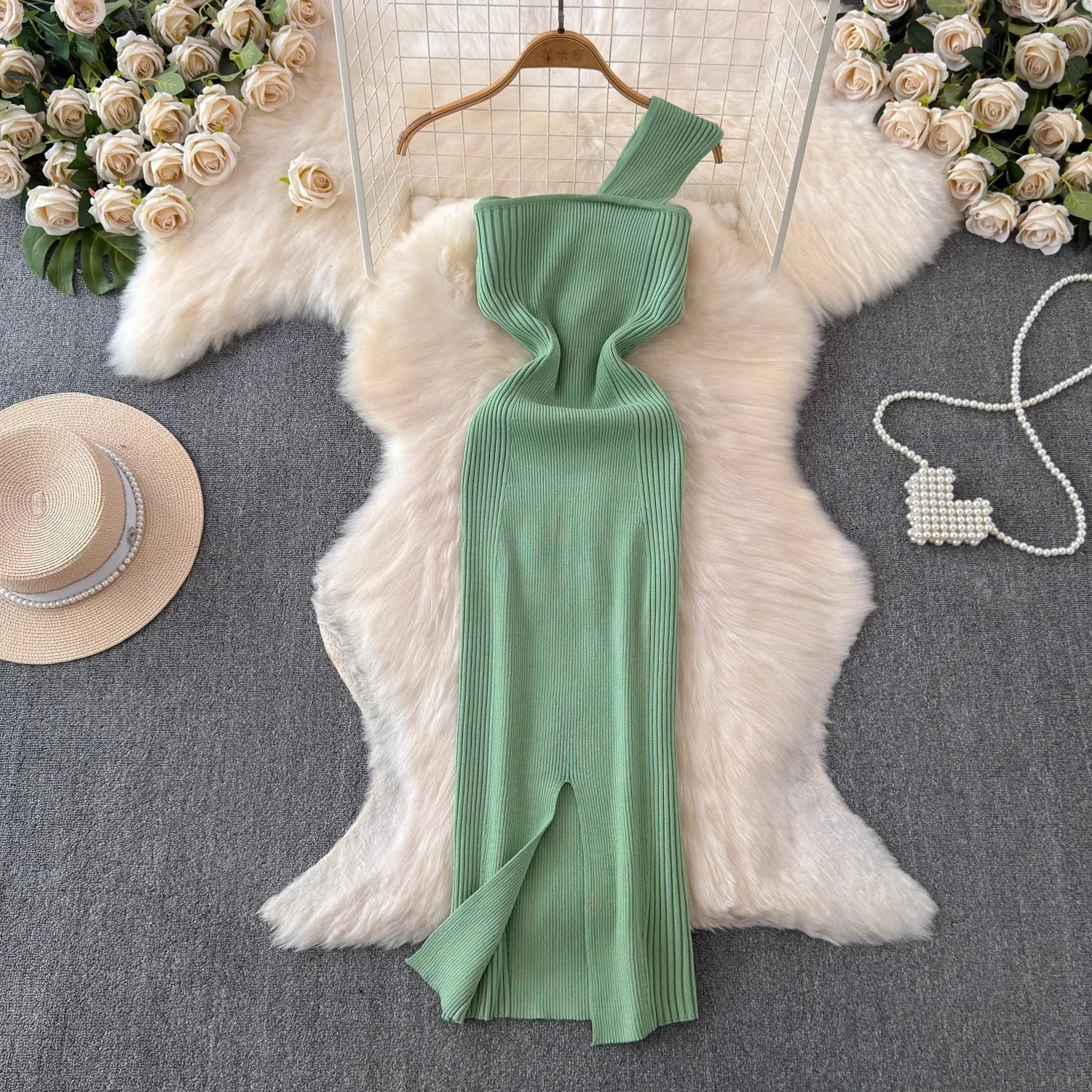 One Shoulder Bodycon Dress For Women Knitted Black Sundress