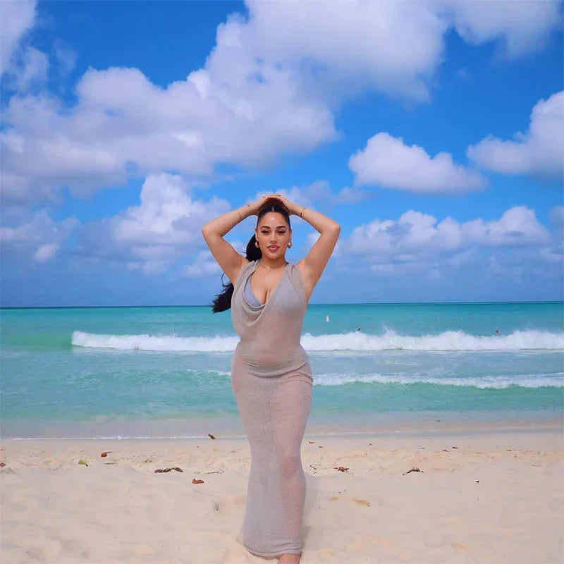 Sleeveless Hooded Dress Slimming Swing Neck Solid Color Long