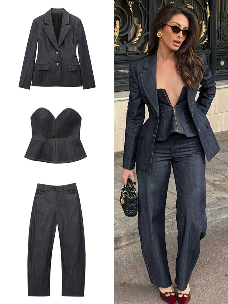 Women's Denim Jacket and Pants Set with Long Sleeve Blazer, Strapless Vest, and Straight Leg Jeans Fashion Outfit