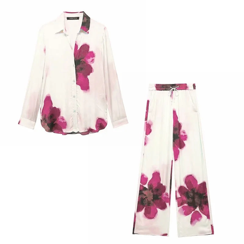 Floral Print Button-Up Shirt and Elastic Waist Wide Leg Pants Summer Set for Women