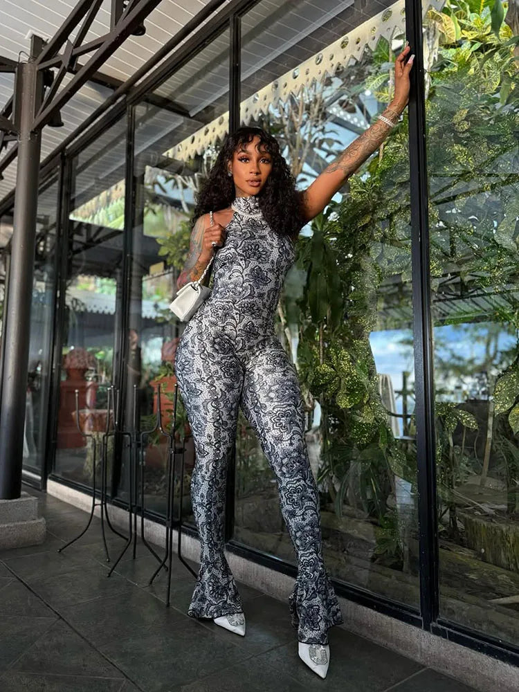 Attractive Y2K Women Jumpsuit Fashion Print Halter Neck Backless High Collar Off Shoulder Overalls for Nightclub Party