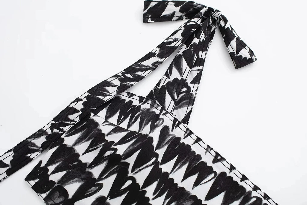 Women's Fashion Print Set Sexy Backless Sleeveless Slim Lace-Up Corset Crop Top with Elegant A-Line Pleated Midi Skirt