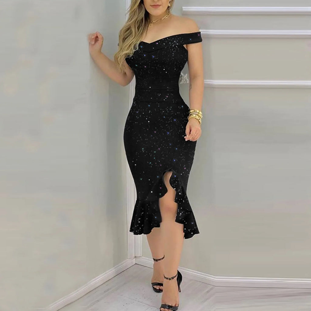 Sequin Off Shoulder Dress With Ruffle Irregular Evening Gown