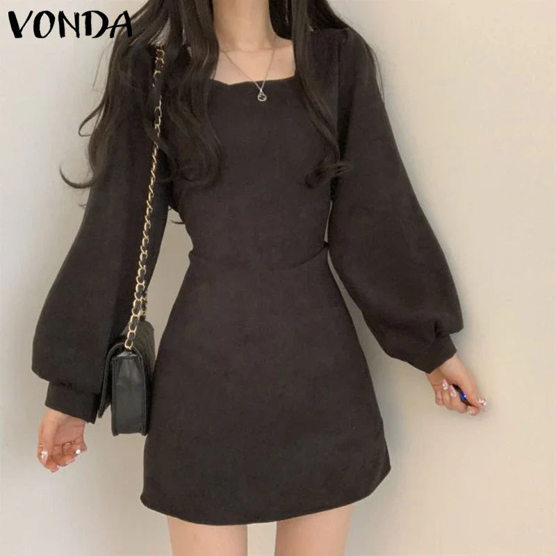 Women Square Collar Mini Dress Summer Sundress Chic