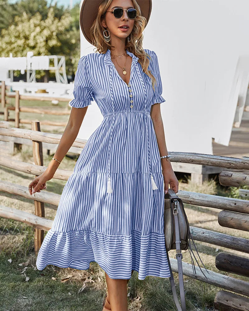 Striped Lantern Sleeve Midi Dress With V Neck Ruffles