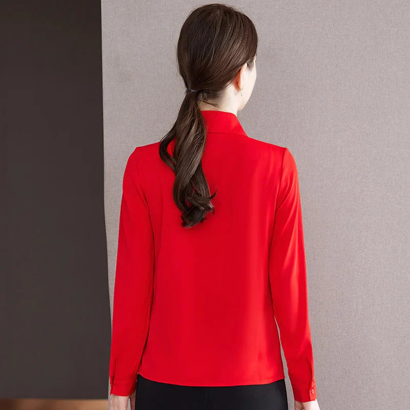 Elegant Bow Tie Ribbon Blouse for Women Lace Up Temperament Shirt Stylish Spring and Autumn Top