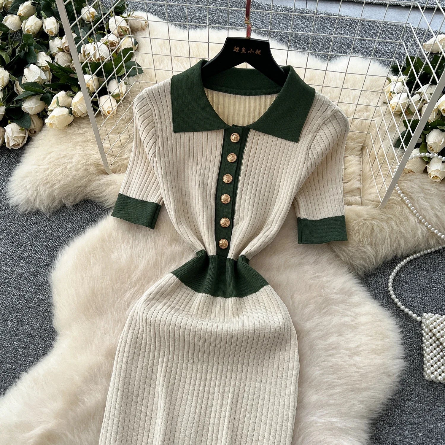 Patchwork Knitted Polo Collar Dress For Women Spring Summer