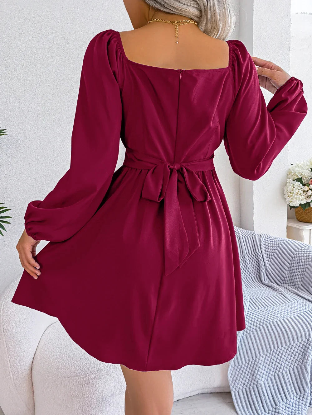 Square Neck Long Sleeve Pleated Mini Dress High Waist